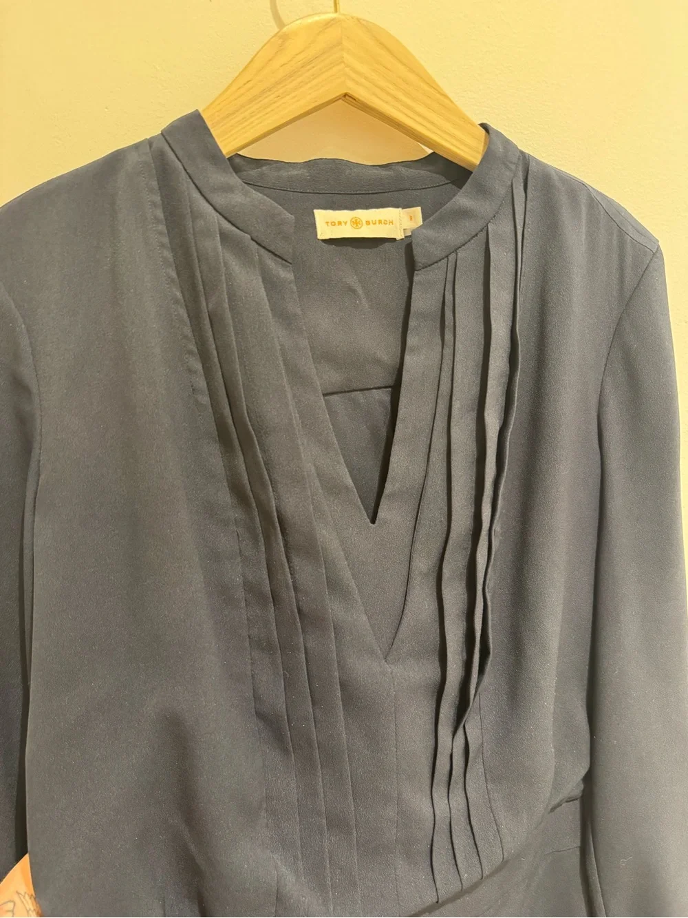 Tory Burch Navy Long-Sleeve Pintuck V-Neck Dress